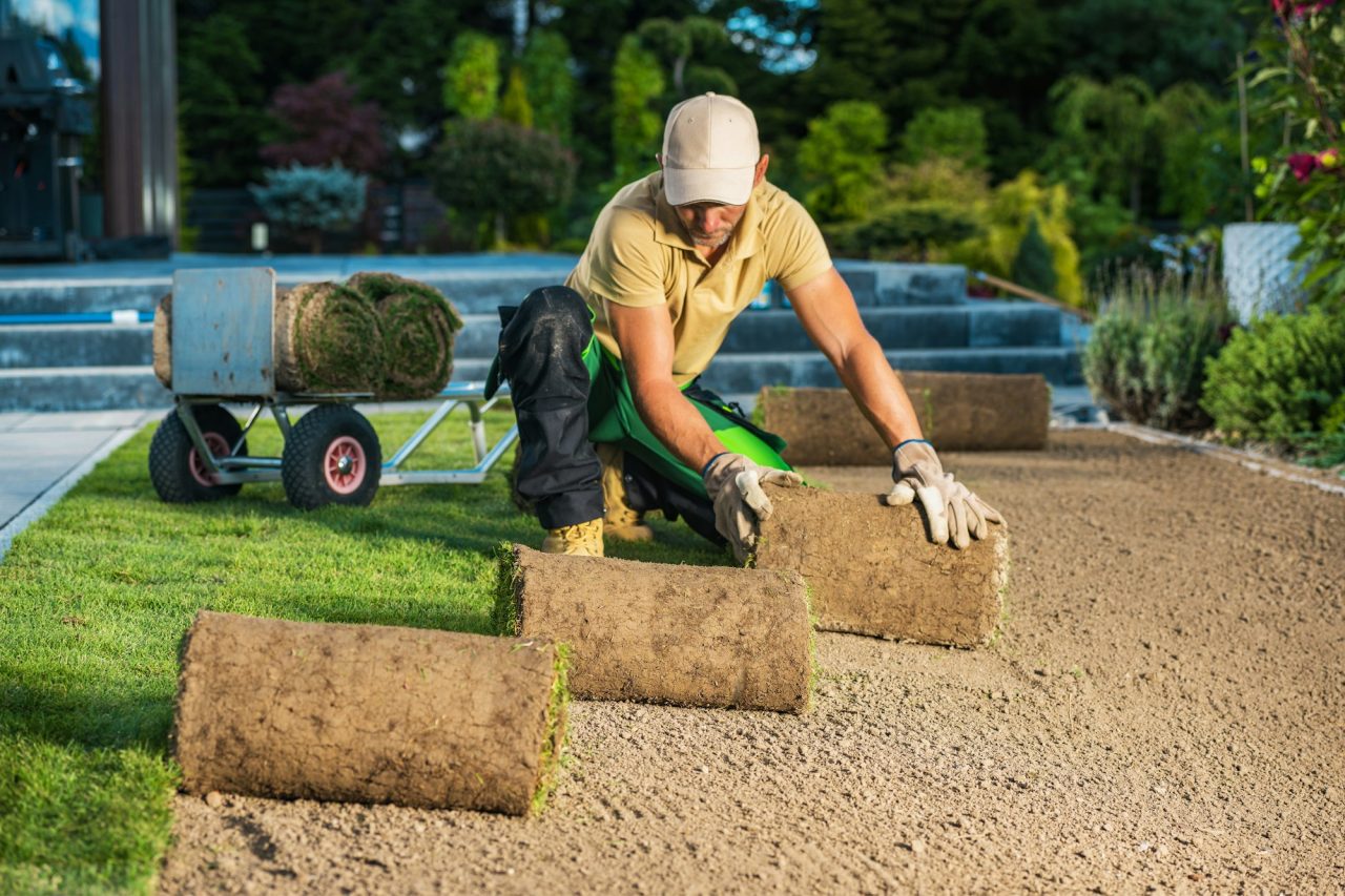 A man installing grass as part of a landscape design for a stone pathway and patio